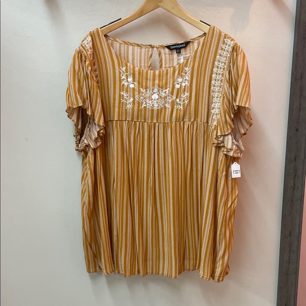 DAVI & DANI Mustard Striped Embroidered Blouse